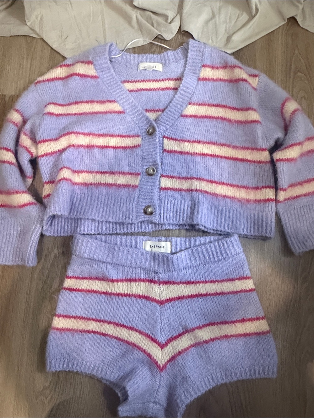 l*space Lavender Stripe Knit Cardigan & Shorts Set with Cream and Pink Stripes